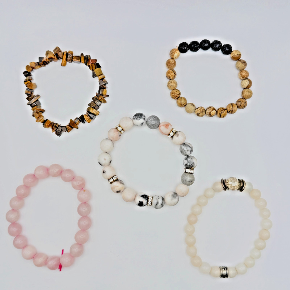 Lot of 4 Gemstone Beaded Stretch Bracelets Boho Rose Quartz Jasper Tiger's Eye